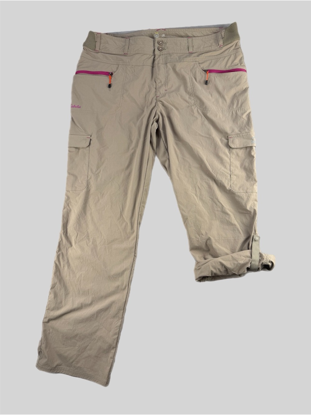 Cabela's Khaki Cargo Pants with Pink Zip Accents